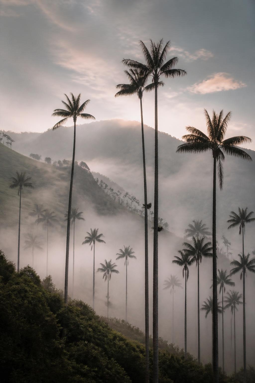 Valle del Cocora at dawn, wax palms emerging from fog